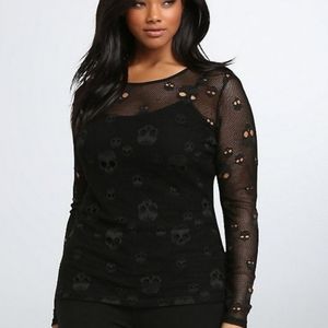 🖤💀TRIPP for Torrid Royal Bones Black Fishnet Long Sleeves Top w/ Skulls